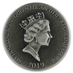 Niue: Biblické - Samson zabíjí lva 2 unce stříbra 2019 Proof Antiqued Coin