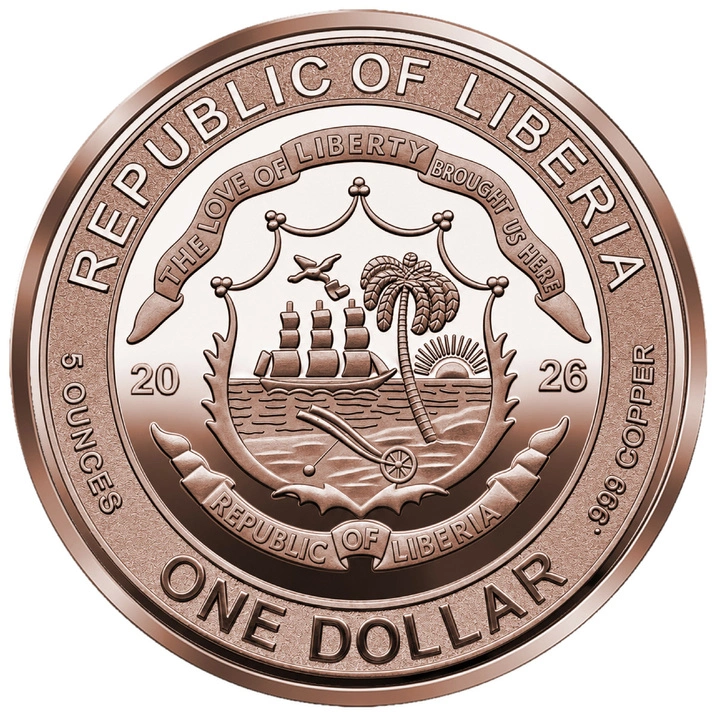 Monedă de cupru Lady Justice 5 uncii de cupru 2026 Reverse Proof