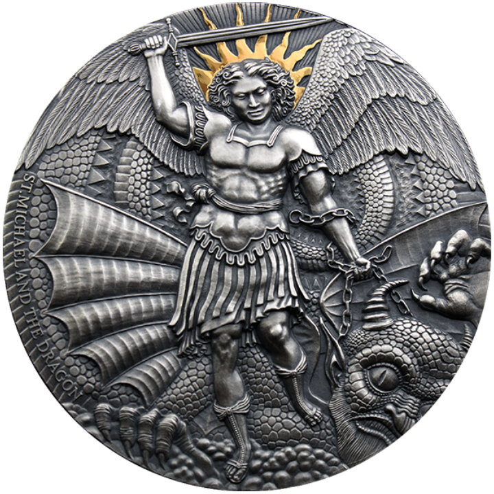 Cameroon: Apocalypse - St Michael and the Dragon kolorowany, pozłacany 3 uncje Srebra 2020 High Relief Antiqued Coin