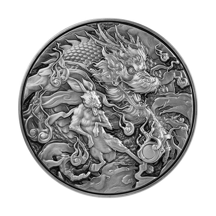 Tokelau: Auspicious Dragon Zodiac - Chinese Dragon & Rabbit 2 unce stříbra 2023 High Relief Antiqued Coin