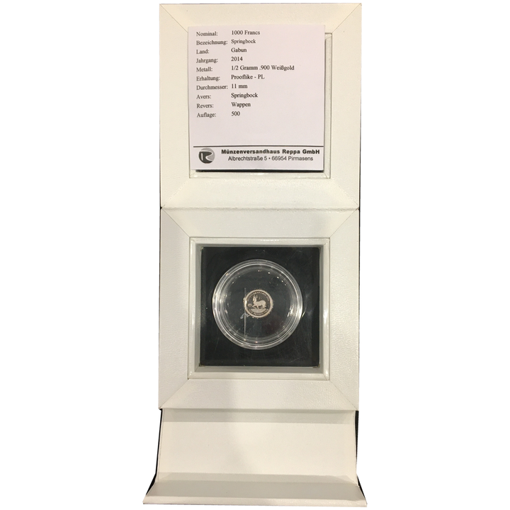 Gabon Gold Coin: Springbock 2014 0.5 g White Gold Prooflike