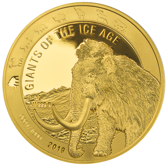Ghána: A jégkorszak óriásai – szőrös mamut 1 uncia arany 2019 Proof