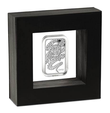 Obdélníková dračí mincovní slitina 1 oz stříbra 2025 Proof