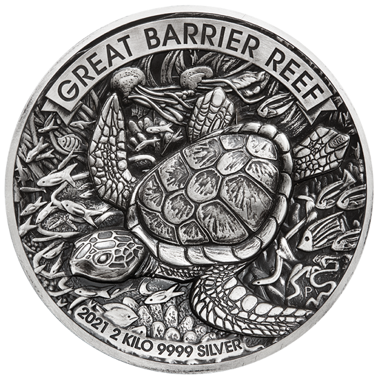 Great Barrier Reef 2000 gram Silver 2021 Antiqued High Relief Coin