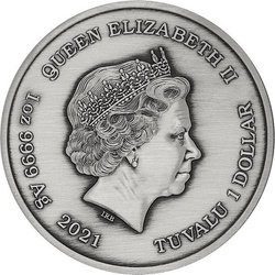 Tuvalu: Bohové Olympu – Poseidon 1 unce stříbra 2021 Antique Finish