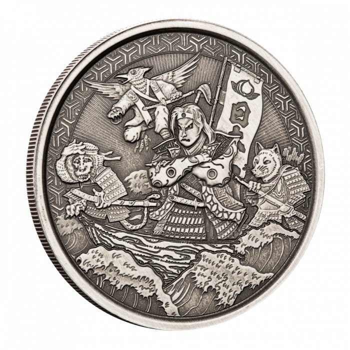 Samoa: Legends of Japan Series - Momotaro Onto Demon Island in Ukiyoe Style 1 oz Silver 2021 Moneda Antigua