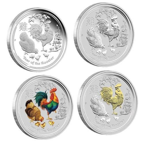 Collezione di 4 monete della serie Lunar Anno del Gallo 1 oncia d'argento
