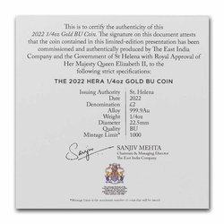 Santa Elena: Diosa - Hera y el Pavo Real 1/4 oz Oro 2022