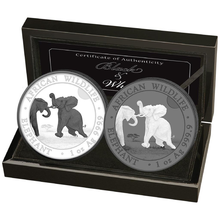 Set of 2 coins African Wildlife: Somalian Elephant "Black & White" coloured2 x 1 oz Silver 2024