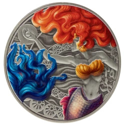 Samoa: Mermaid & Pearl kolorovaná 1 unce Stříbra 2025 Antiqued Coin