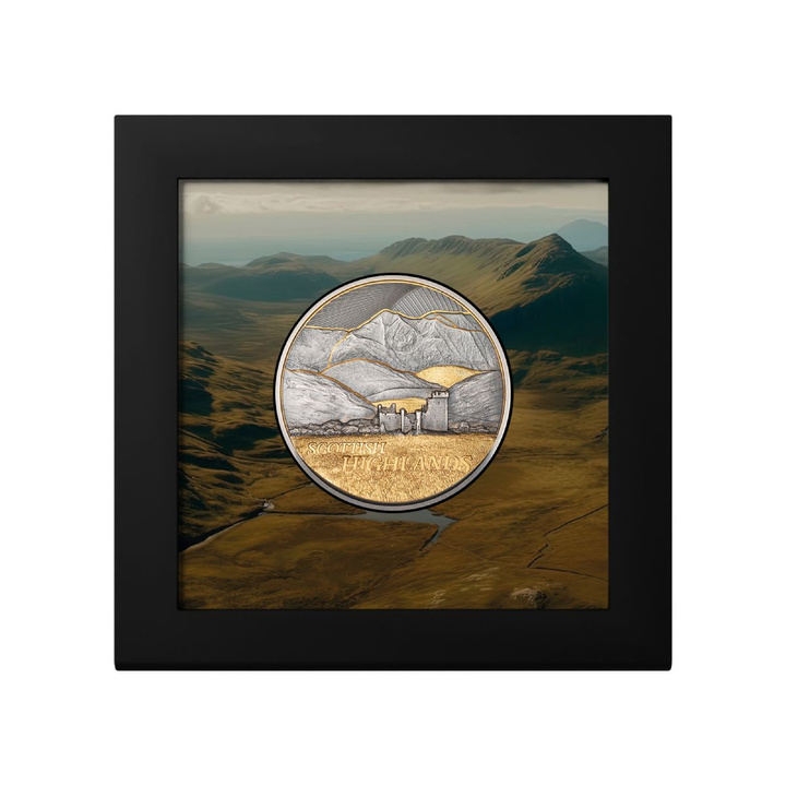Monedă din Argint aurită Golden Landscapes - Scottish Highlands 2 oz 2026 Antiqued Ultra High Relief