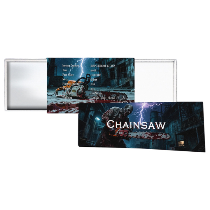 Ghana: Bloody Chainsaw coloreada 2 onzas Plata 2025 Moneda con forma envejecida