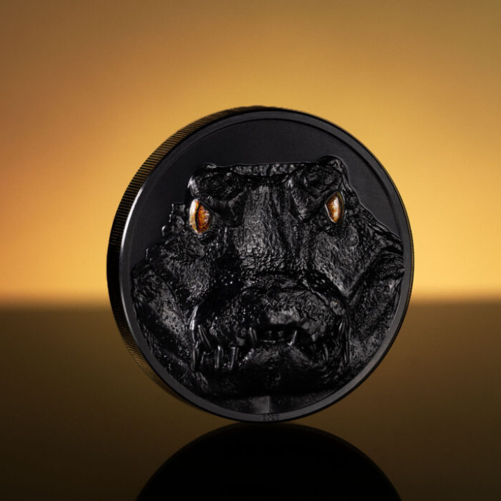 Palau: Hunters by Night - Caiman coloured 2 oz Silver 2023 Obsidian Black Ultra High Relief
