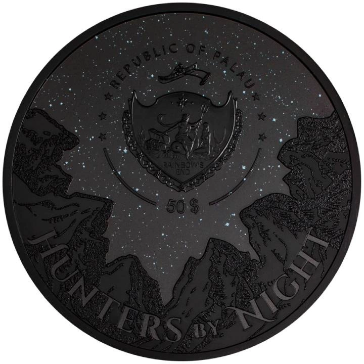Palau: Hunters by Night - Caiman kolorowany 1000 gramów Srebra 2024 Obsidian Black Ultra High Relief