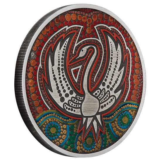 Black Swan Maali kolorowany 2 uncje Srebra 2022 Antiqued Coin