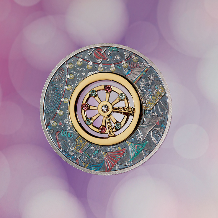 Tuvalu: Ferris Wheel kolorowany 2 uncje Srebra 2025 Antiqued Coin