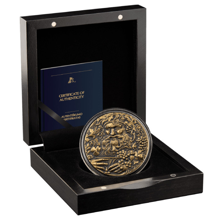 Niue: Diosas y Dios - Baco dorado $5 Plata 2022 Alto Relieve Moneda Antigua