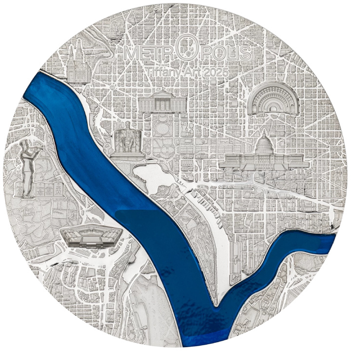 Palau: Tiffany Art Metropolis - Washington barevná stříbrná mince s nominální hodnotou 3 oz 2025 Proof