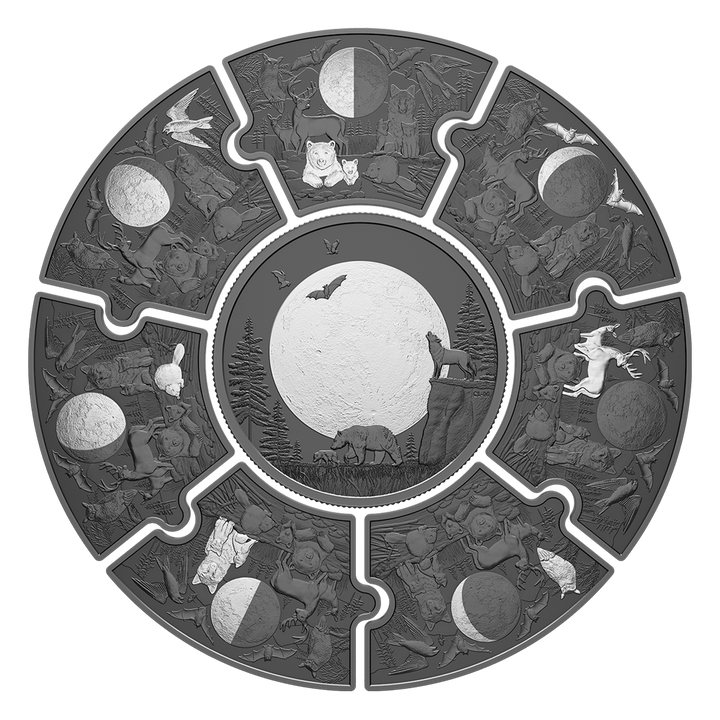 Zestaw Canada: Moon Phases 8 srebrnych monet puzzli 2025 Black Rhodium Reverse Proof