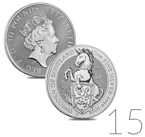 Queen's Beasts: Skót egyszarvú 10 uncia ezüst 2019 15 darabos csomag