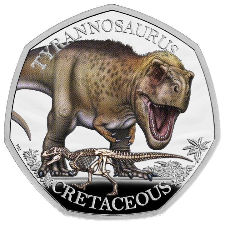 Dinoszauruszok: ikonikus példányok – Tyrannosaurus Rex színes 50 penny ezüst 2024 Proof