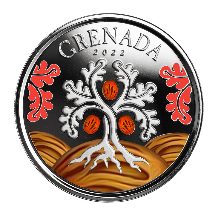 Granada: Árbol de Nuez Moscada de color 1 oz Plata 2022 Proof
