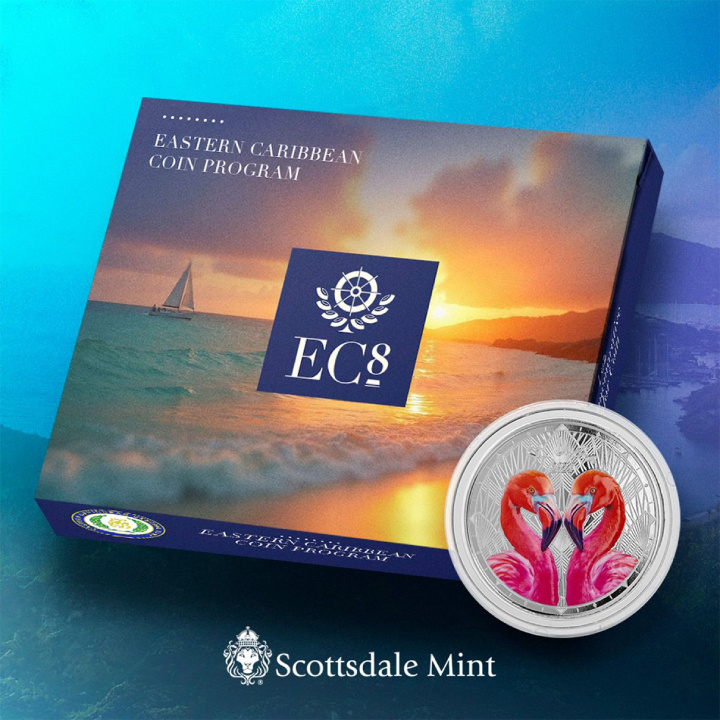 St. Lucia - Flamingos kolorowany 1 uncja Srebra 2024 Proof