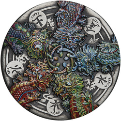 Tuvalu: Dragon and the Five Elements coloured 5 oz Silber 2024 Antiqued Coin