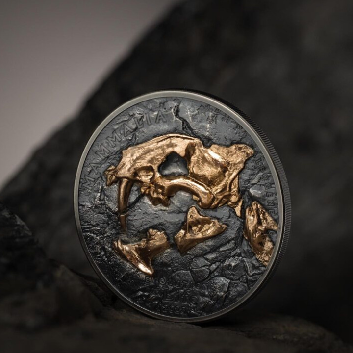 Mongolia: Evolución de la Vida - Nimravidae dorada 1 oz Plata 2023 Moneda de alto relieve envejecida