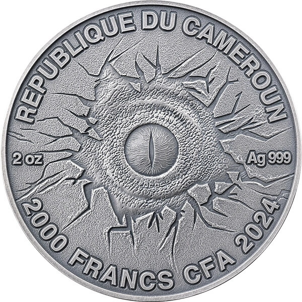 Camerun Lost World - Tyrannosaurus Rex 2 oz Argint 2024 High Relief Antiqued Coin