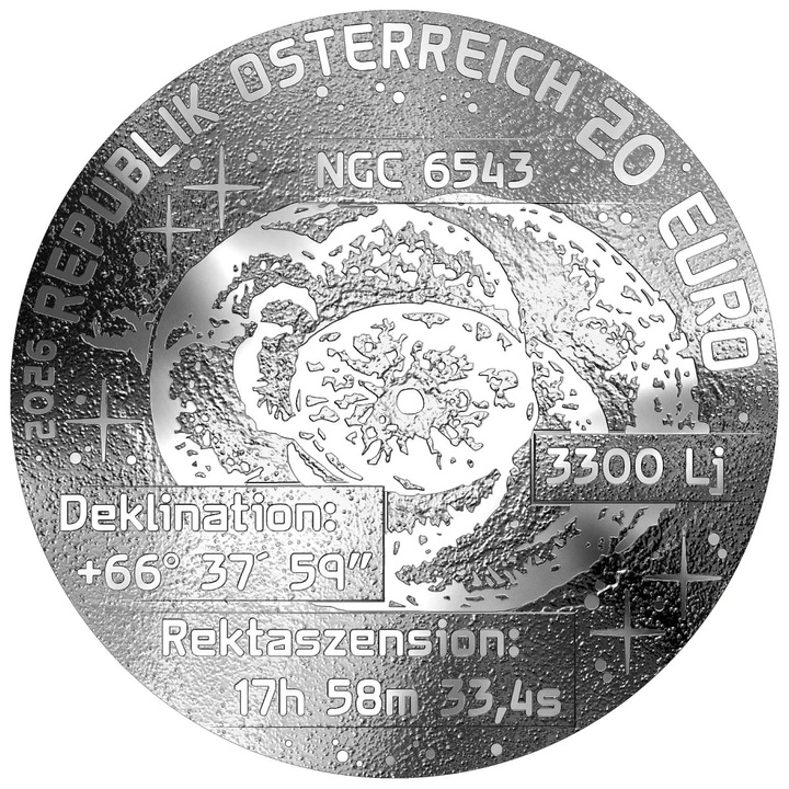Monedă din argint The Beauty of the Universe - Cat's Eye Nebula colorată 20 euro 2026 Proof