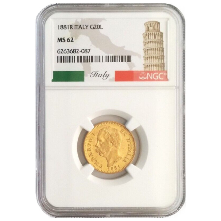 Italy 20 Lire Gold 1881 MS-62 NGC