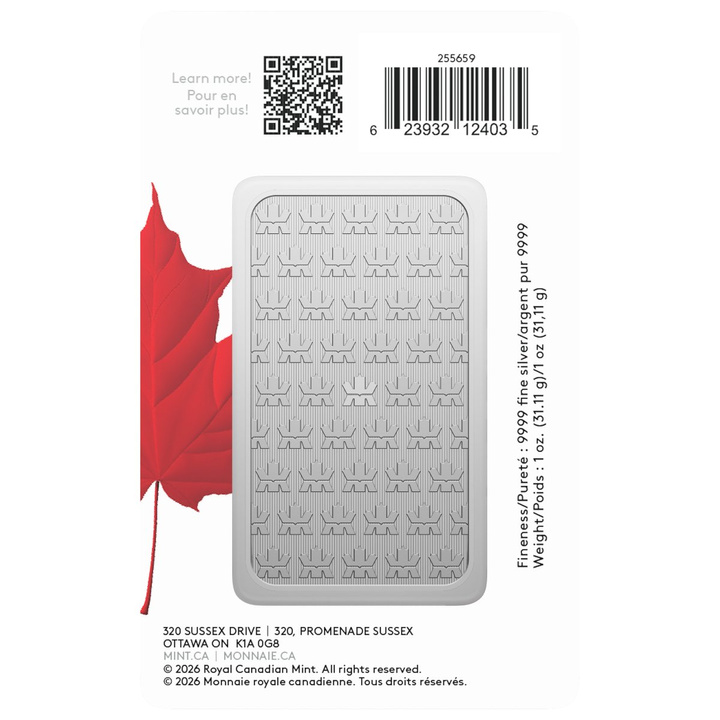 Lingote de plata Royal Canadian Mint en embalaje orgullosamente canadiense 1 onza de plata 2026 Maple Leaf Privy Mark