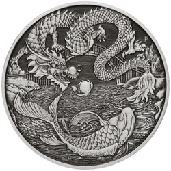 Chinese Myths and Legends: Dragon & Koi 1 oz Silber 2023 Antiqued Coin
