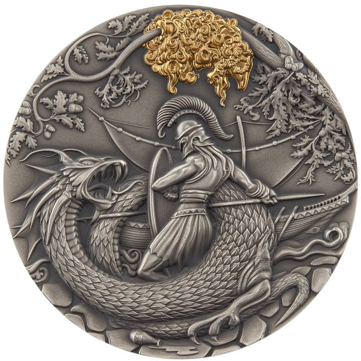 Niue : Mythes d'amour - Jason et les Argonautes plaqué or 5 Argent 2022 Pièce antique à haut relief