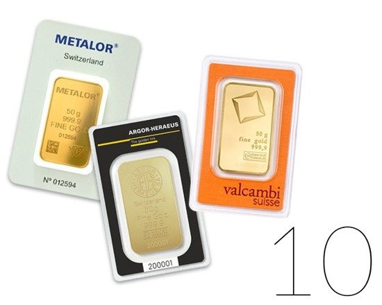 Lingot d'or de 50 grammes LOT DE 10 PIÈCES