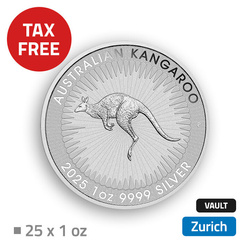 Australijski Kangur 25 uncji Srebra - przechowywane w bezcłowym magazynie w Zurichu (Brink's)