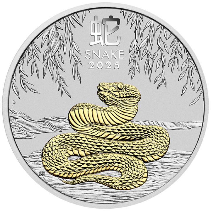 Perth Mint: Lunar III - Anno del Serpente placcato in oro 1 oncia d'argento 2025 (senza astuccio)