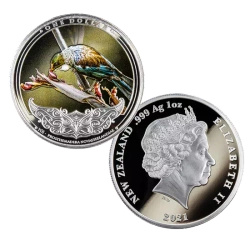 Discover New Zealand: Tui colorato 1 oncia d'argento 2021 Proof