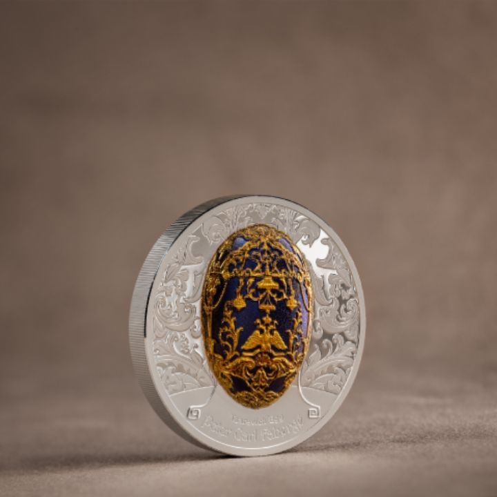 Mongolsko: Peter Carl Fabergé – Tsarevich Egg barevná 2 unce stříbra 2023 Proof High Relief
