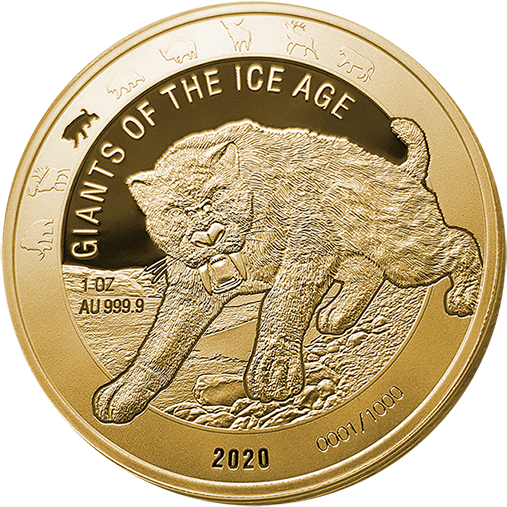 Ghana: Giants of the Ice Age - Tygrys Szablozębny 1 uncja Złota 2020 Proof