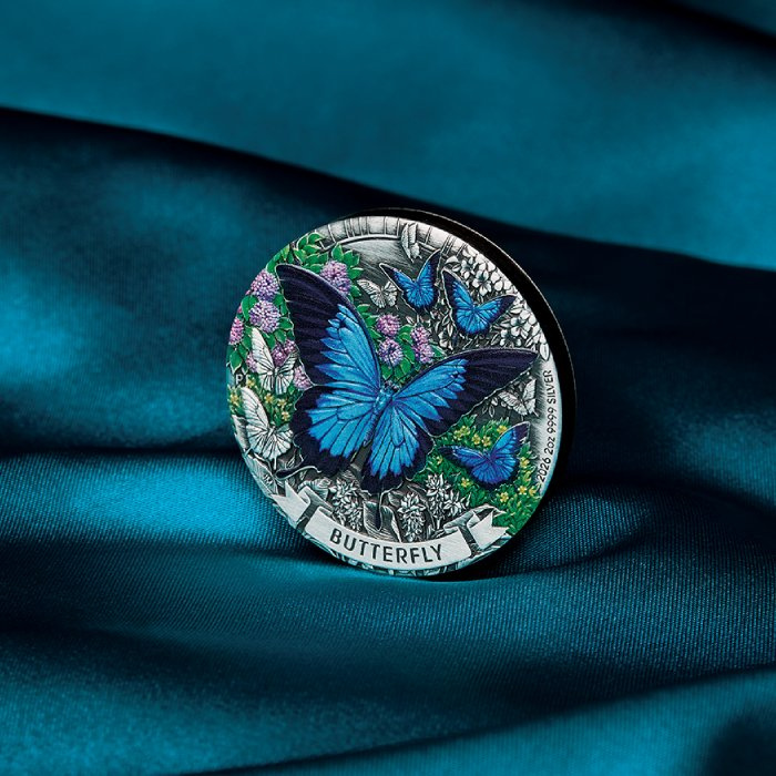 Сребърна монета The Perth Mint: Пеперуда цветна 2 унции сребро 2026 Antiqued