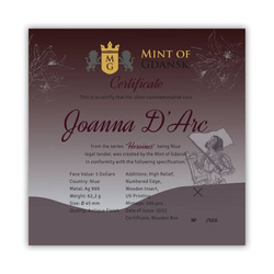 Niue Heroines Ioana d'Arc colorată 2 oz Argint 2022 High Relief Antiqued Coin