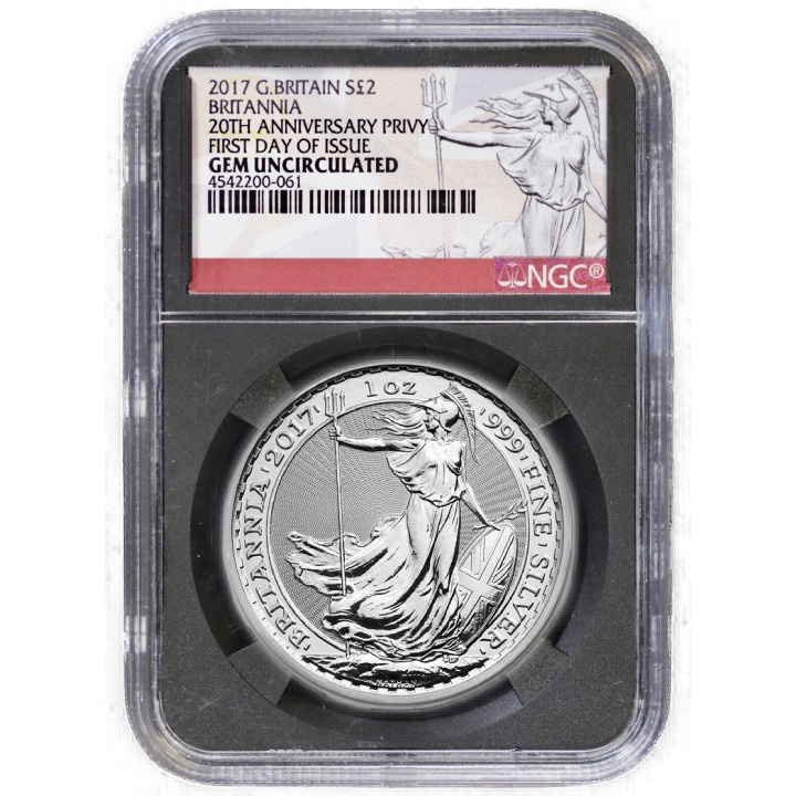 Britannia 1 oncia d'argento 2017 20° anniversario Privy NGC Gem Non circolata Primo giorno di emissione