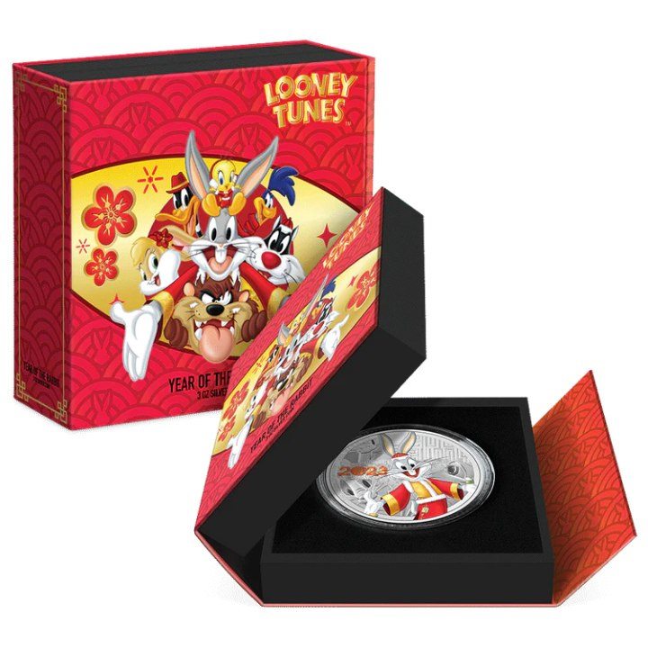 Niue: Looney Tunes Year of the Rabbit – Bugs Bunny coloured 3 oz Silber 2023 Proof