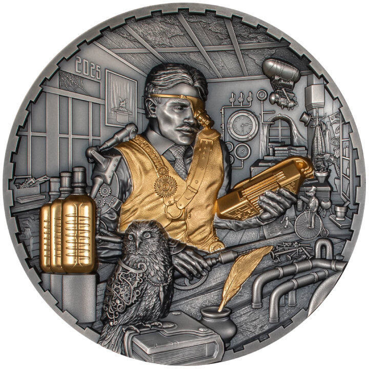 Cook Islands: Steampunk - Science Lab 1000 grams Silver 2025 Antiqued Gilded Coin