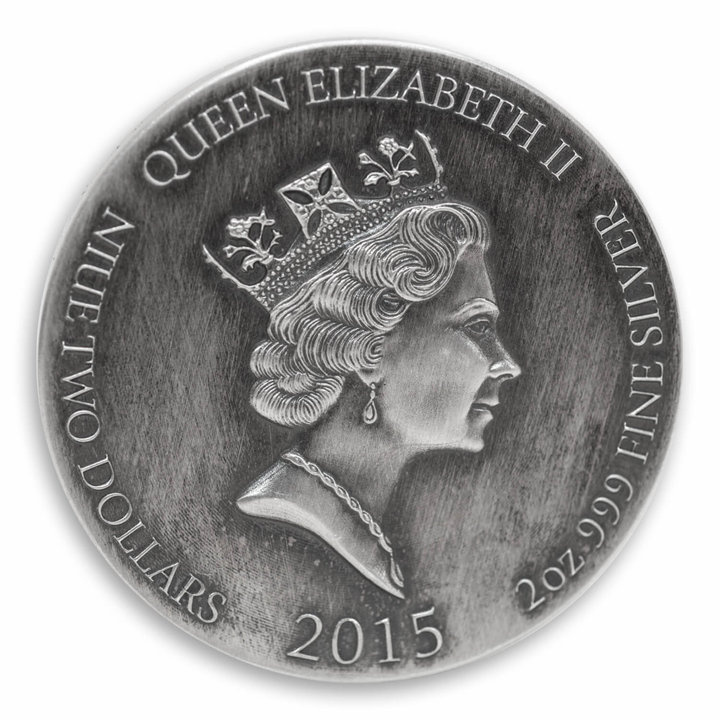 Niue: Vikingové – Ragnar 2 unce stříbra 2015 Proof Antiqued Coin