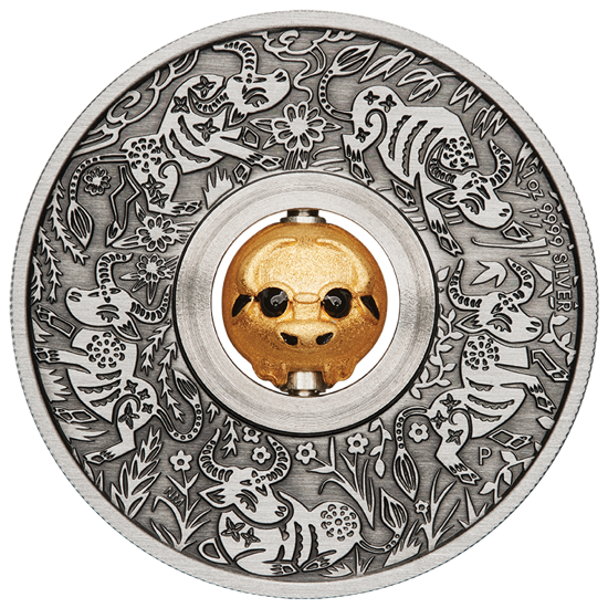 Lunar III: Jahr der Ochse 1 oz Silber 2021 Rotating Charm Antiqued Finish