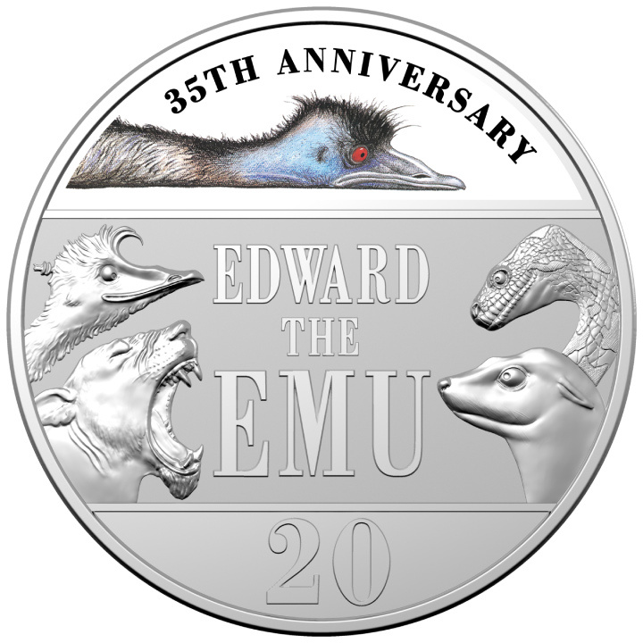 35th Anniversary of Edward the Emu kolorowany 20c Miedzionikiel 2023 (moneta w karcie)