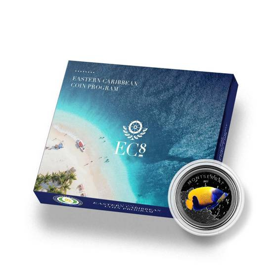 Montserrat: Blue Girdled Angelfish kolorowany 1 uncja Srebra 2021 Proof